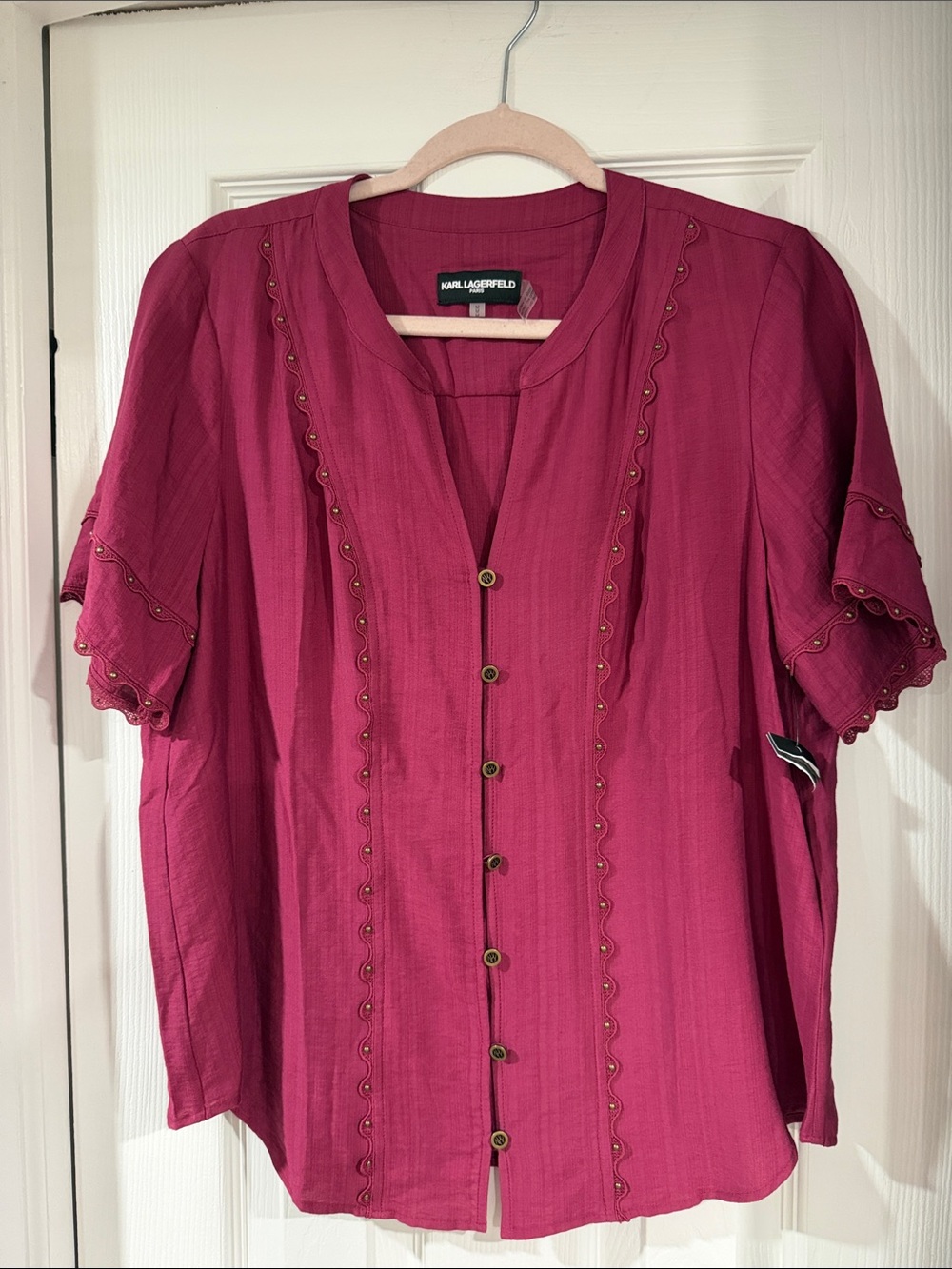 Karl Lagerfeld Women's Burgundy Button-Front Short Sleeve Top M